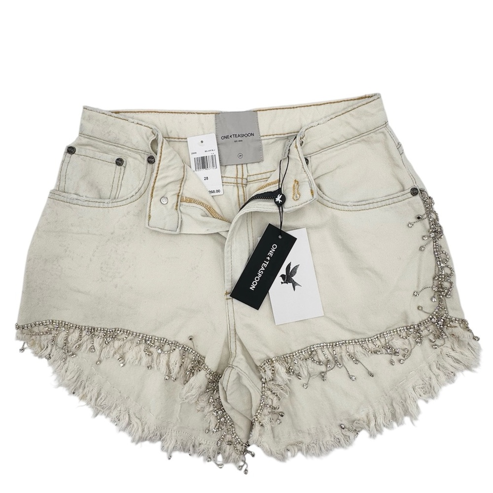 One Teaspoon Ivory Beaded Fringe Denim Shorts